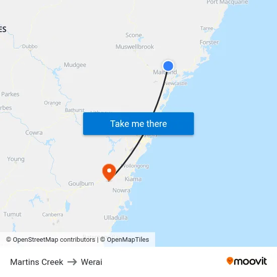 Martins Creek to Werai map