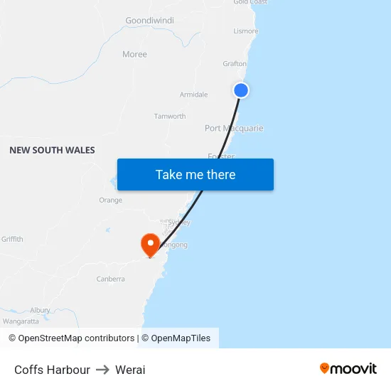 Coffs Harbour to Werai map