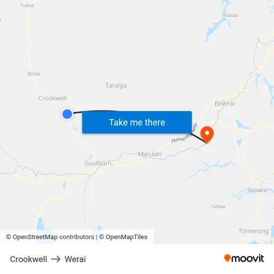 Crookwell to Werai map