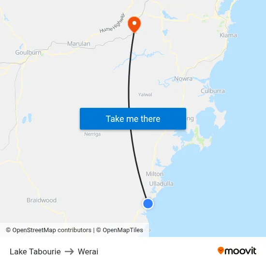 Lake Tabourie to Werai map