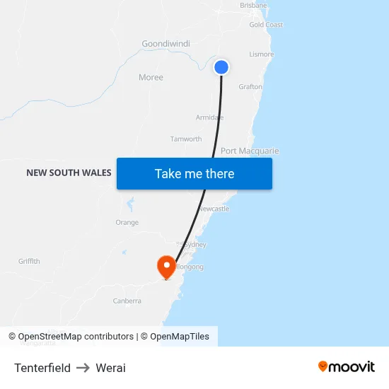 Tenterfield to Werai map
