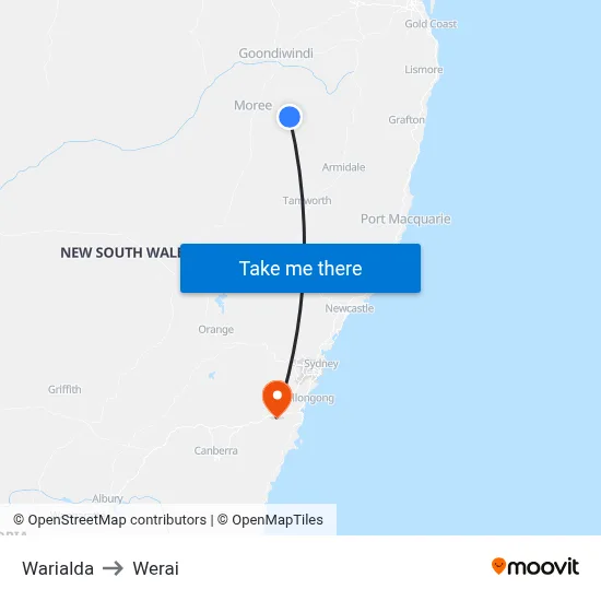 Warialda to Werai map
