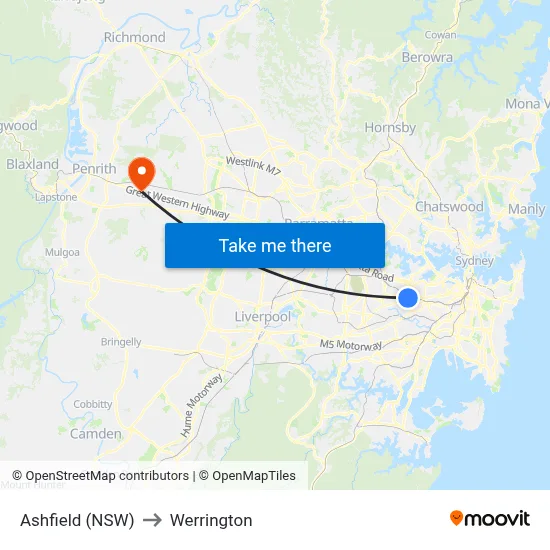 Ashfield (NSW) to Werrington map