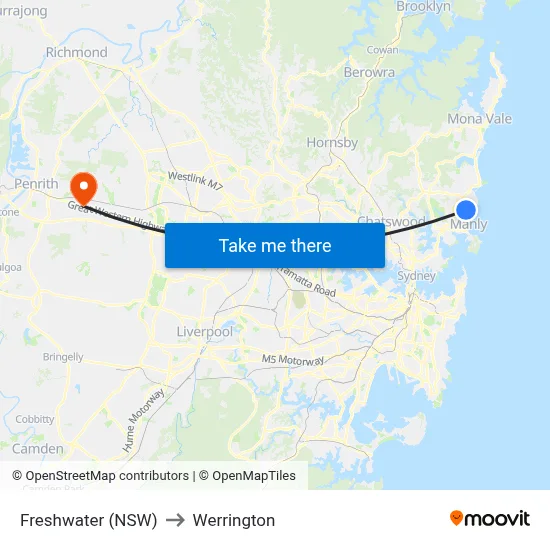 Freshwater (NSW) to Werrington map