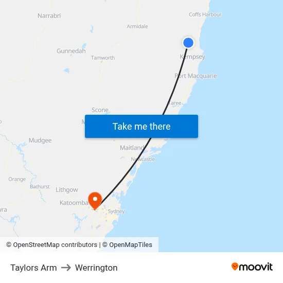 Taylors Arm to Werrington map
