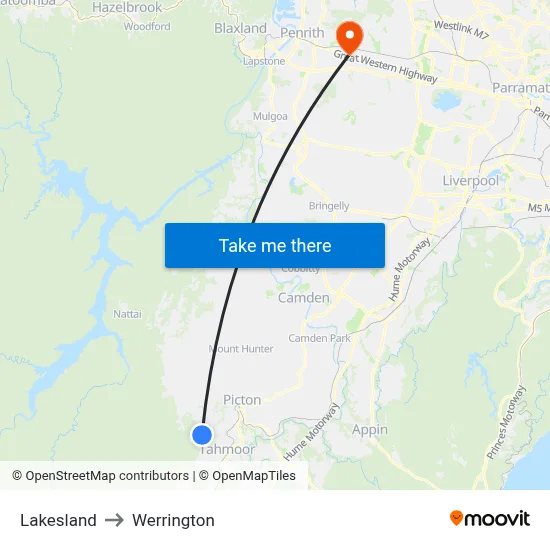 Lakesland to Werrington map