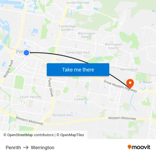 Penrith to Werrington map