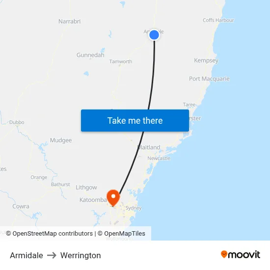 Armidale to Werrington map