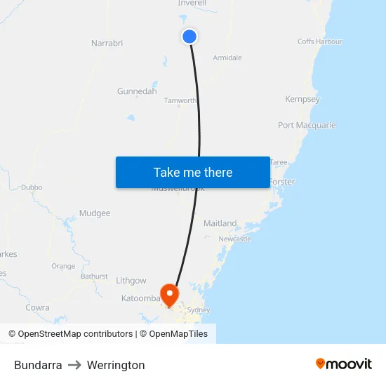Bundarra to Werrington map