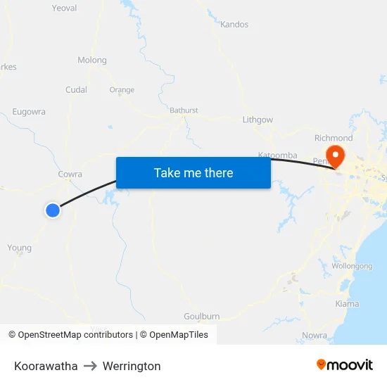 Koorawatha to Werrington map