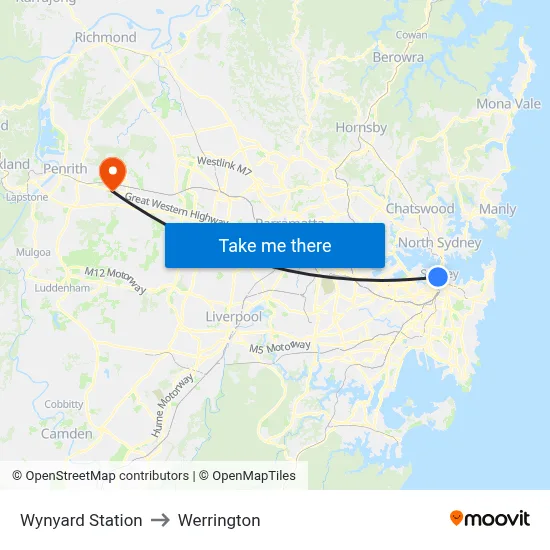 Wynyard Station to Werrington map