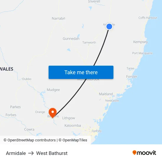 Armidale to West Bathurst map