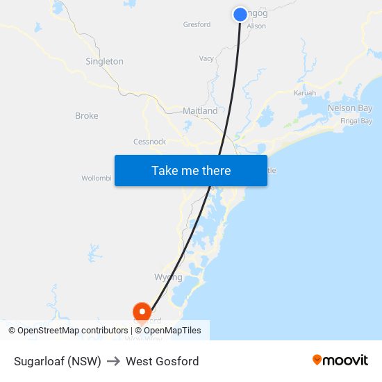 Sugarloaf (NSW) to West Gosford map