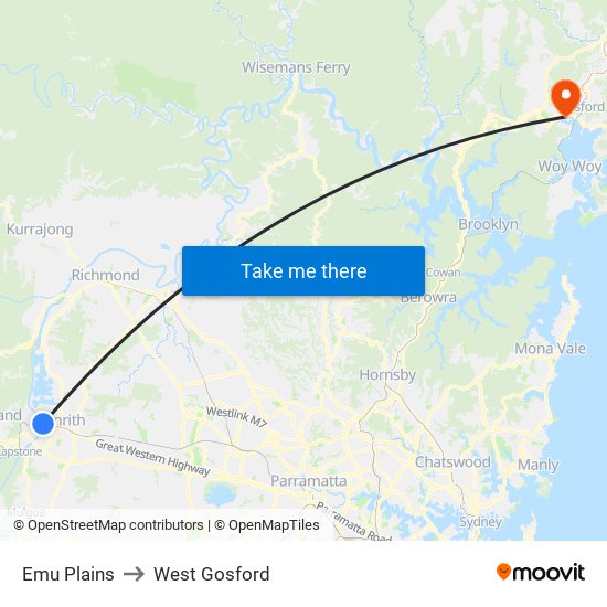 Emu Plains to West Gosford map