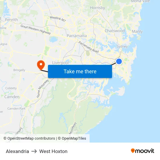 Alexandria to West Hoxton map