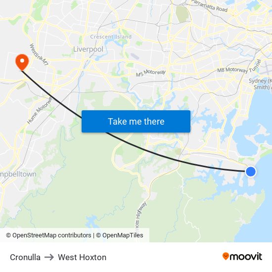 Cronulla to West Hoxton map