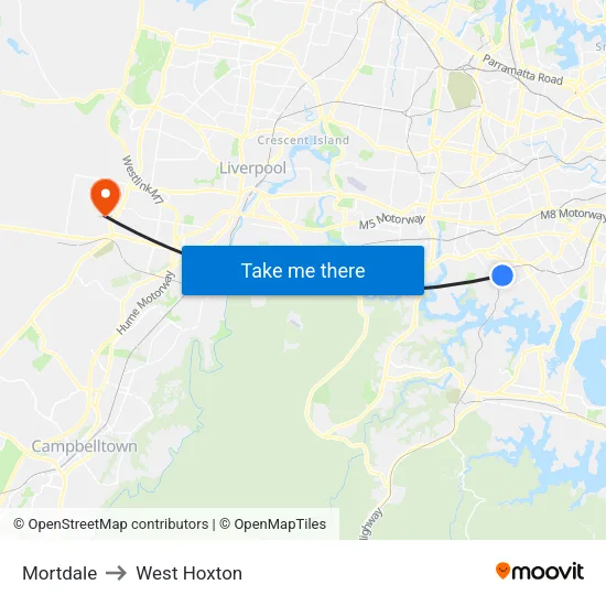 Mortdale to West Hoxton map