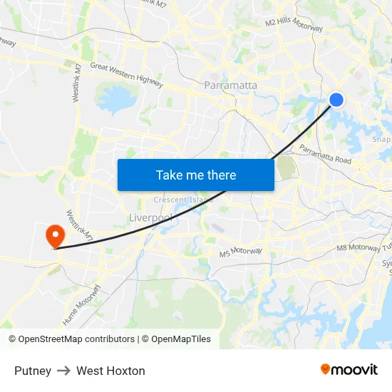 Putney to West Hoxton map