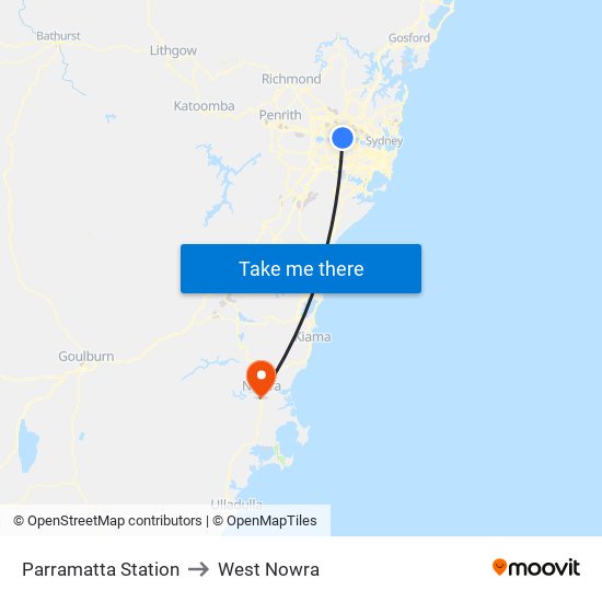 Parramatta Station to West Nowra map