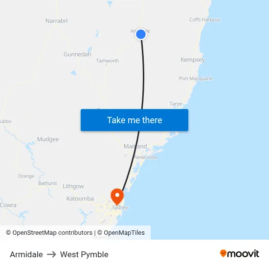Armidale to West Pymble map
