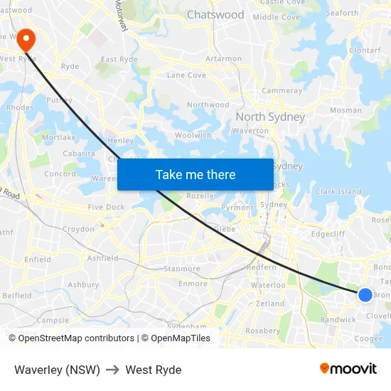 Waverley (NSW) to West Ryde map