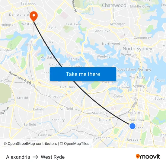 Alexandria to West Ryde map
