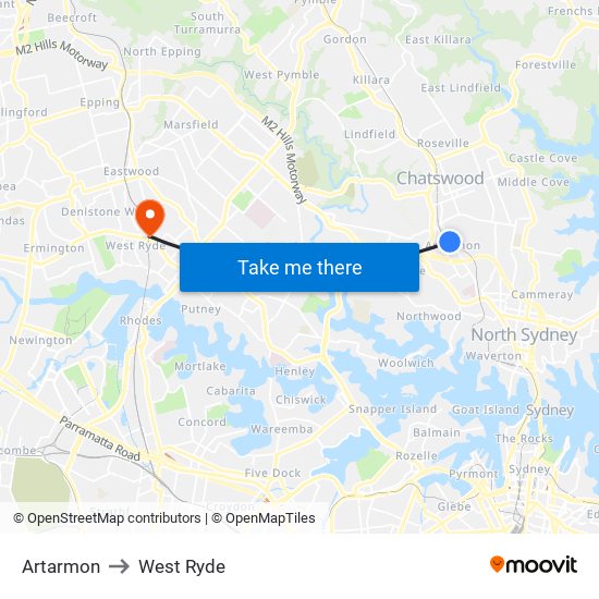 Artarmon to West Ryde map