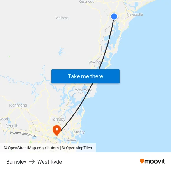 Barnsley to West Ryde map