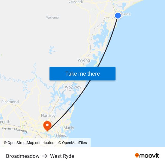 Broadmeadow to West Ryde map