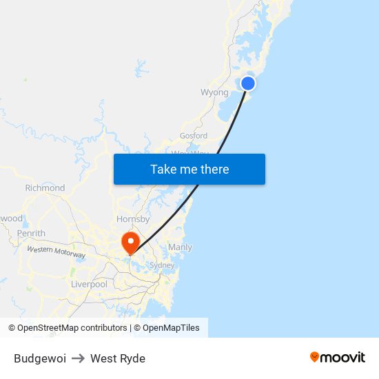 Budgewoi to West Ryde map