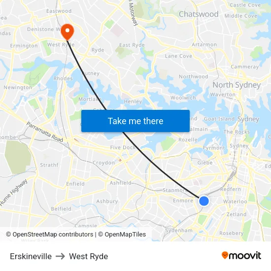 Erskineville to West Ryde map