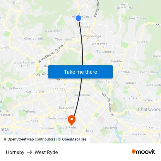 Hornsby to West Ryde map