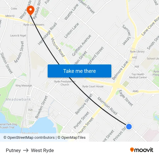 Putney to West Ryde map