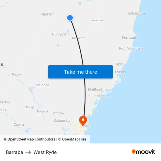Barraba to West Ryde map
