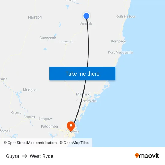 Guyra to West Ryde map