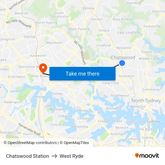 Chatswood Station to West Ryde map