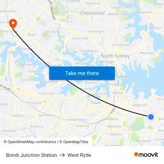 Bondi Junction Station to West Ryde map