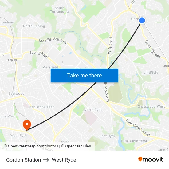Gordon Station to West Ryde map