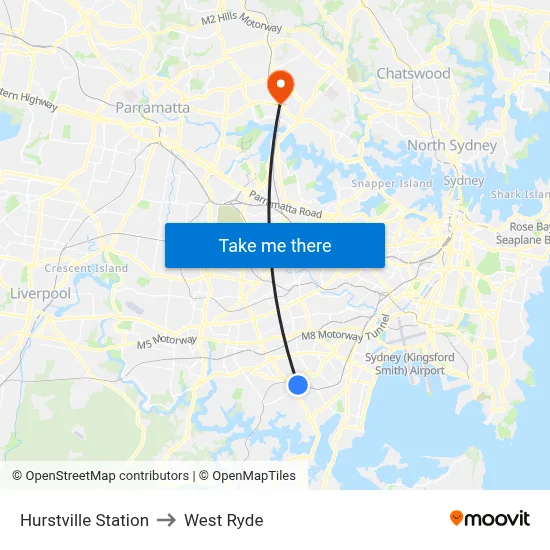 Hurstville Station to West Ryde map