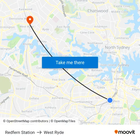 Redfern Station to West Ryde map