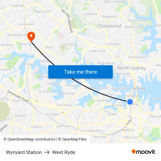 Wynyard Station to West Ryde map
