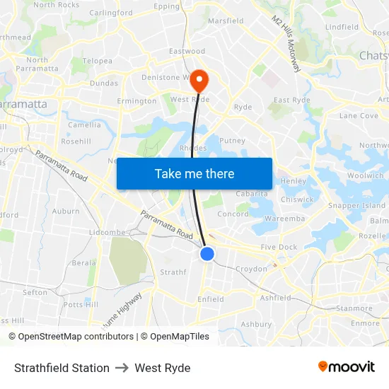 Strathfield Station to West Ryde map