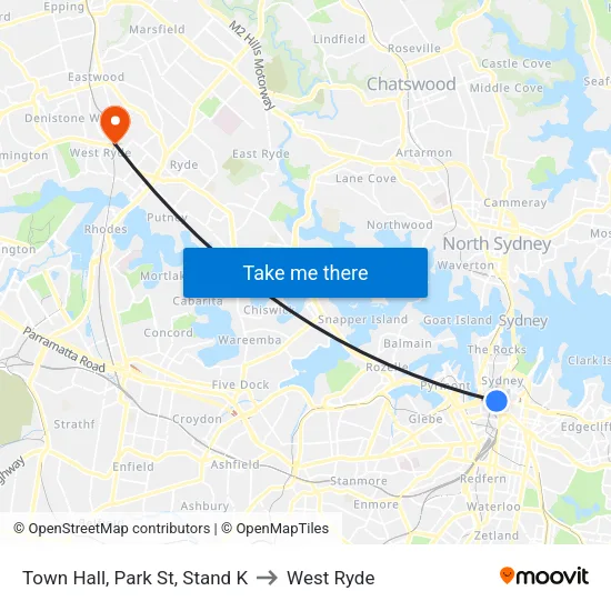 Town Hall, Park St, Stand K to West Ryde map