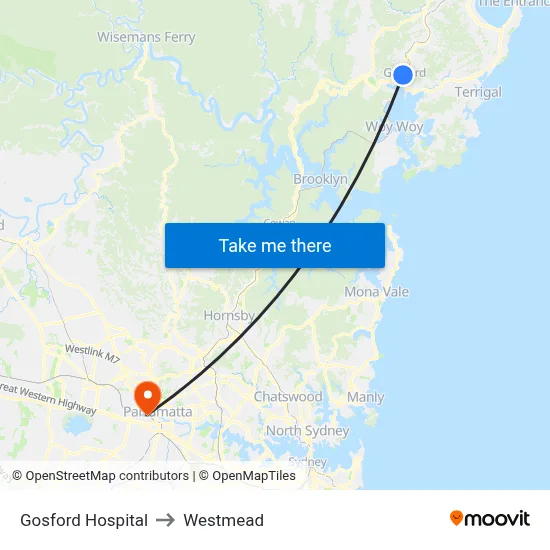 Gosford Hospital to Westmead map