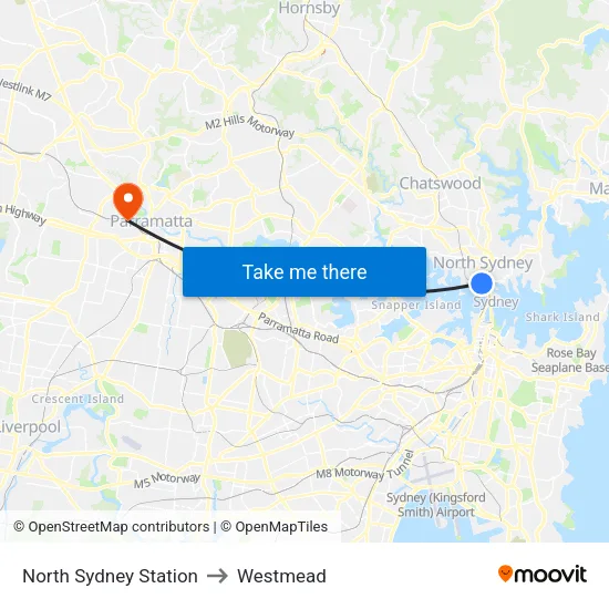 North Sydney Station to Westmead map