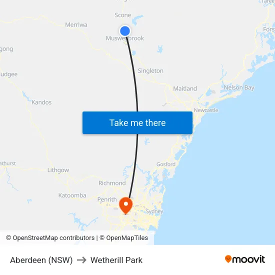 Aberdeen (NSW) to Wetherill Park map