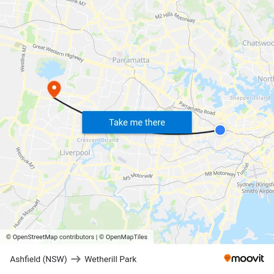 Ashfield (NSW) to Wetherill Park map