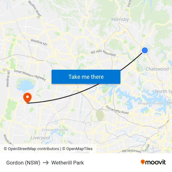 Gordon (NSW) to Wetherill Park map