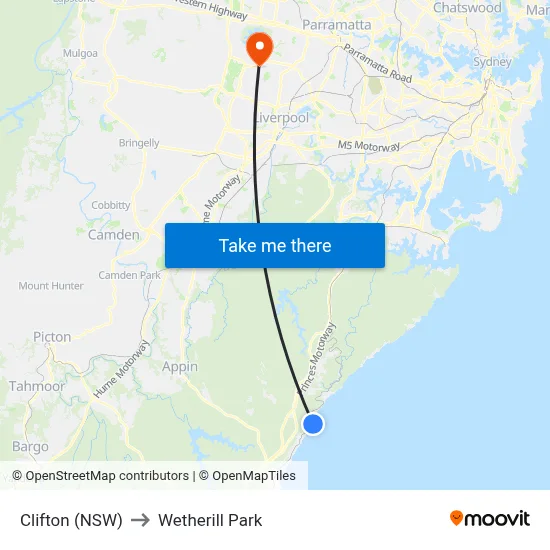 Clifton (NSW) to Wetherill Park map