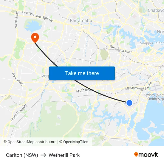Carlton (NSW) to Wetherill Park map